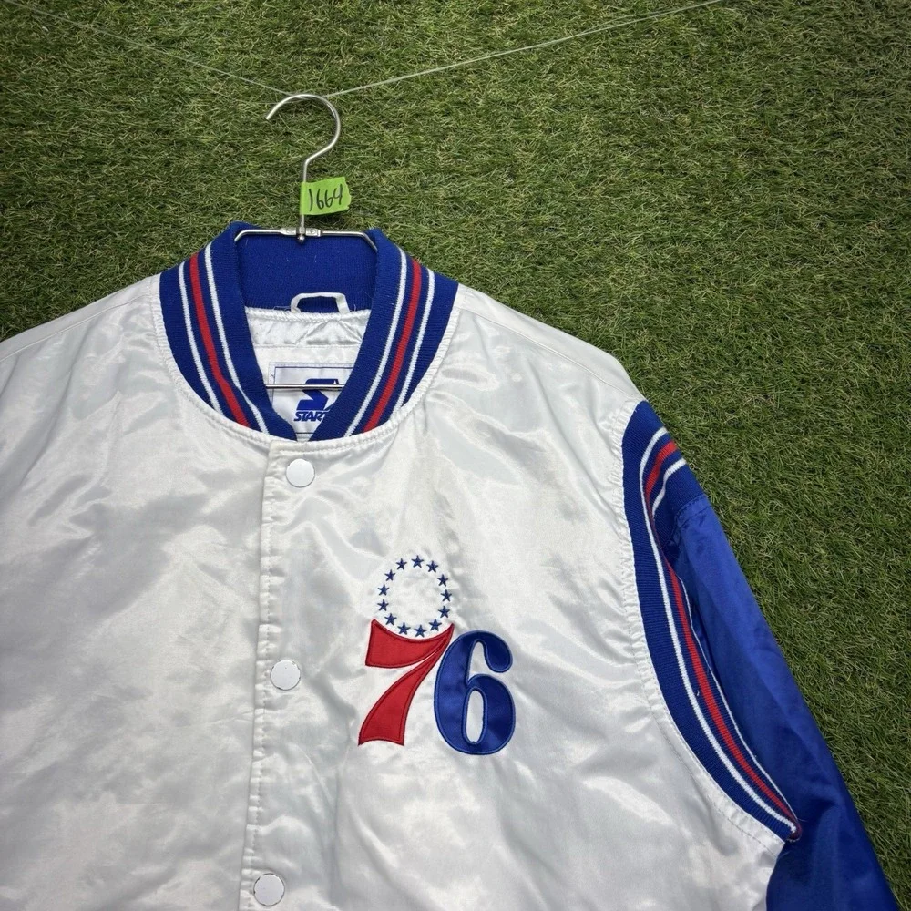 Philadelphia 76ers Sixers Satin Starter Jacket Mens Large Snap Close White